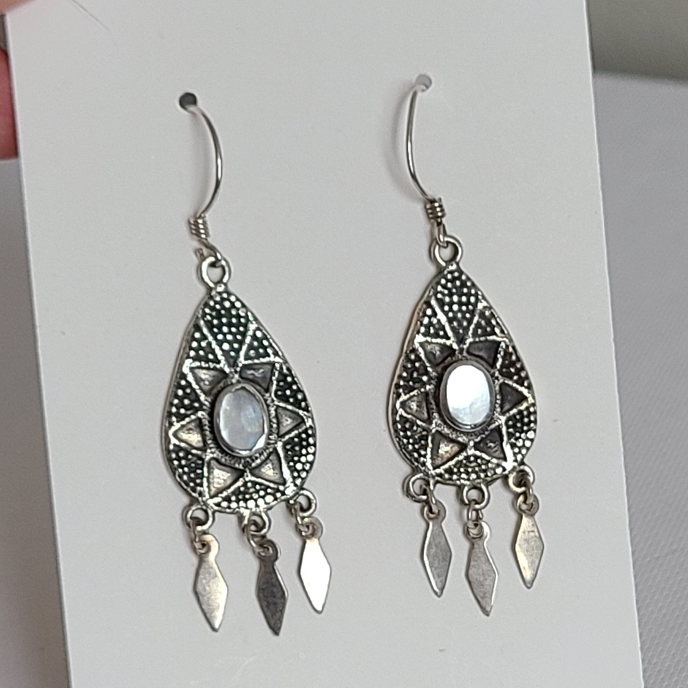 Vintage Ethnic Boho Sterling Silver Pearl Dotted Native Inlay Dangle Earrings